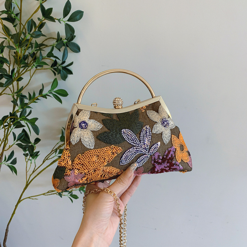 Women's Bag New Linen Bag Heavy Sequins Mesh Splicing Embroidery Clutch Evening Bag Elegant Handbag