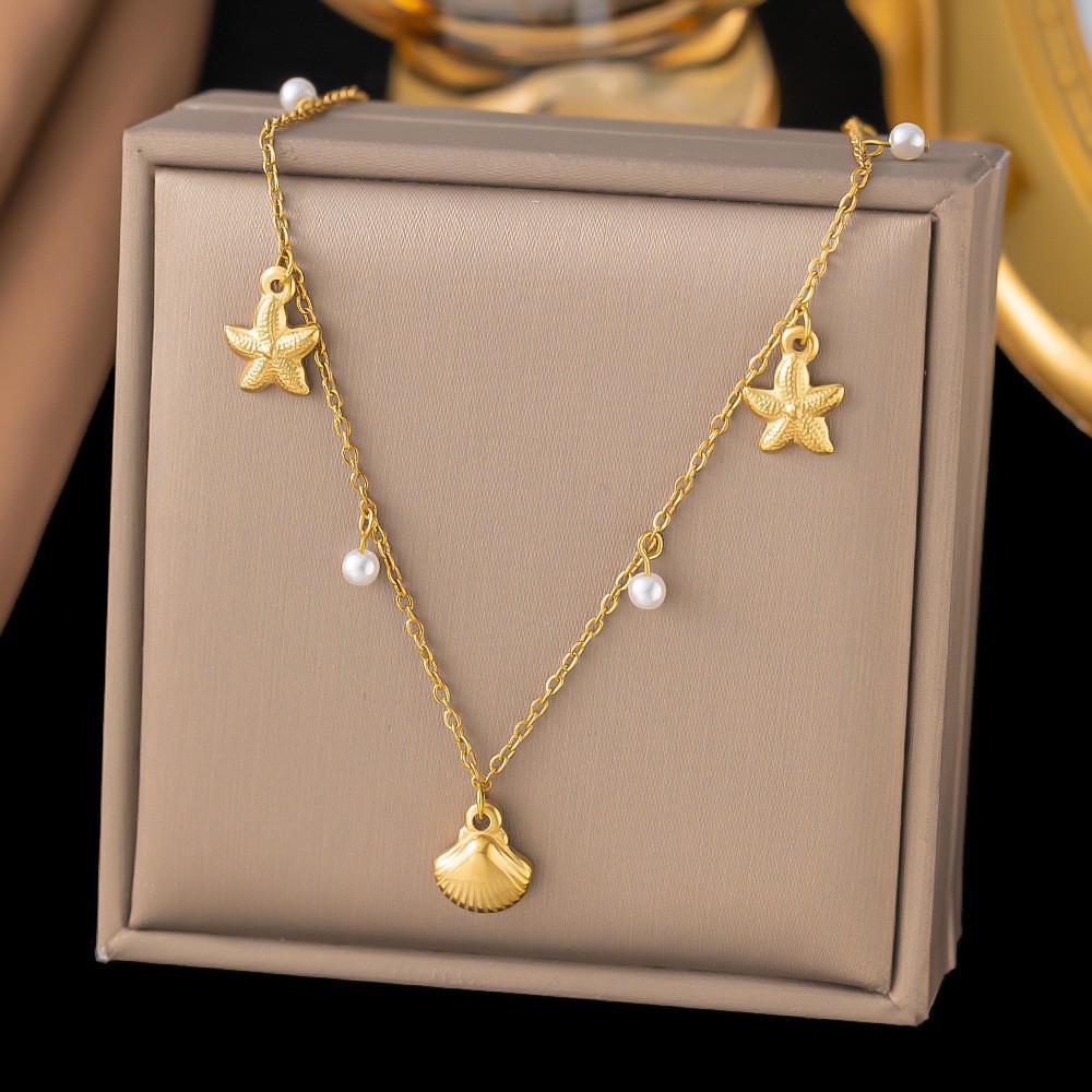 New Sea Star Shell Pearl Pendant Necklace Small Clavicle Chain for Women