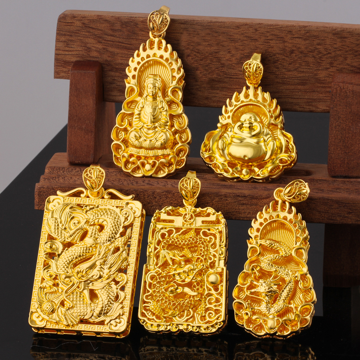 Gold-plated silver live-streaming dragon pendant large pendant accessories Guanyin Buddha bold pendant hollow sand gold jewelry accessories
