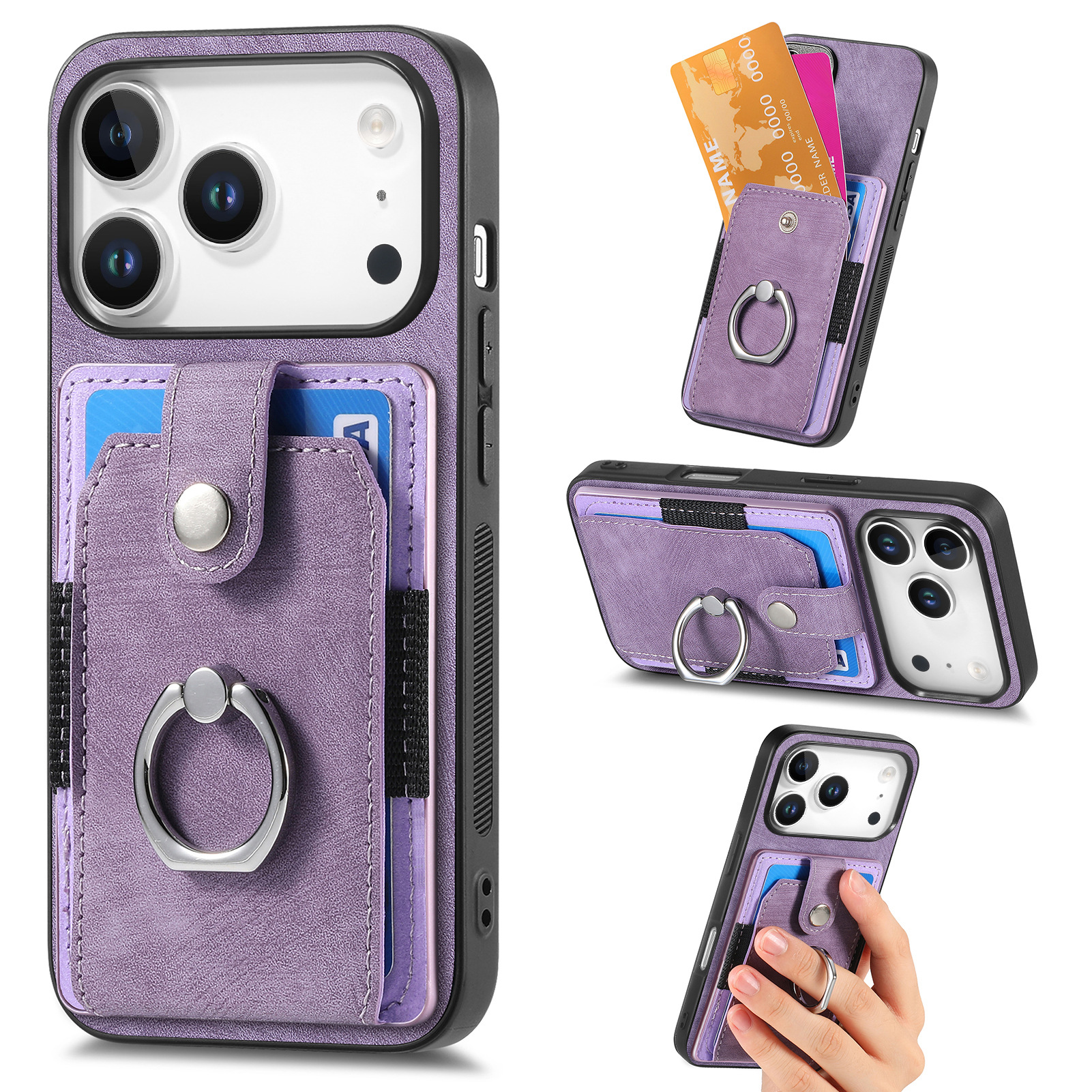 For Apple 18 card holder phone case solid color hardware ring car magnetic iPhone18 protective leather case