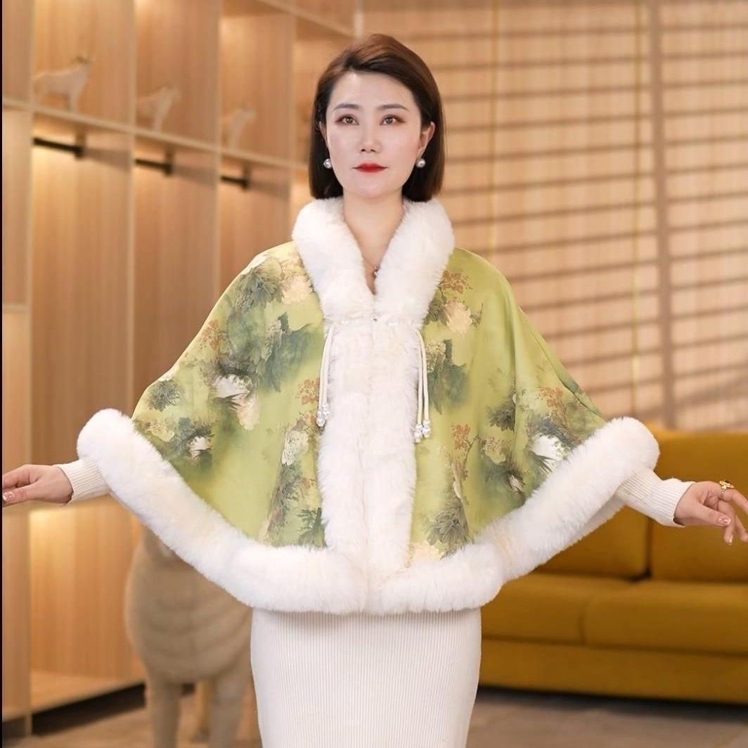 806# New Chinese Style Cheongsam Shawl Pearl Button Cape Thickened Season National Style Fur Collar Cape Shawl