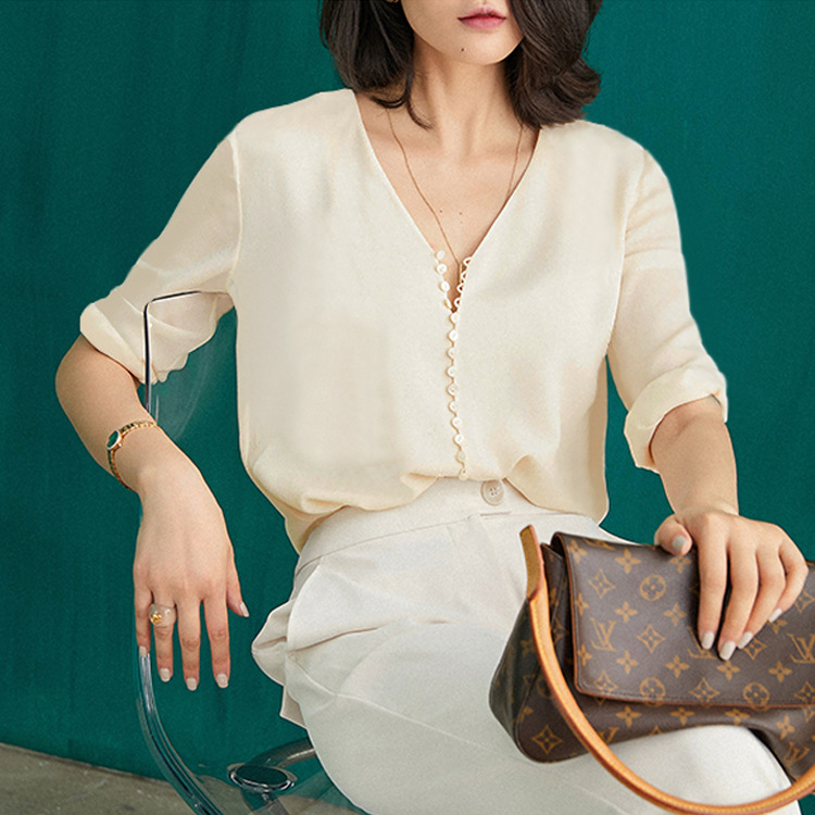 2026 Early Autumn S336 19 Momme Silk Stretch Satin Solid Color Shirt Top Women