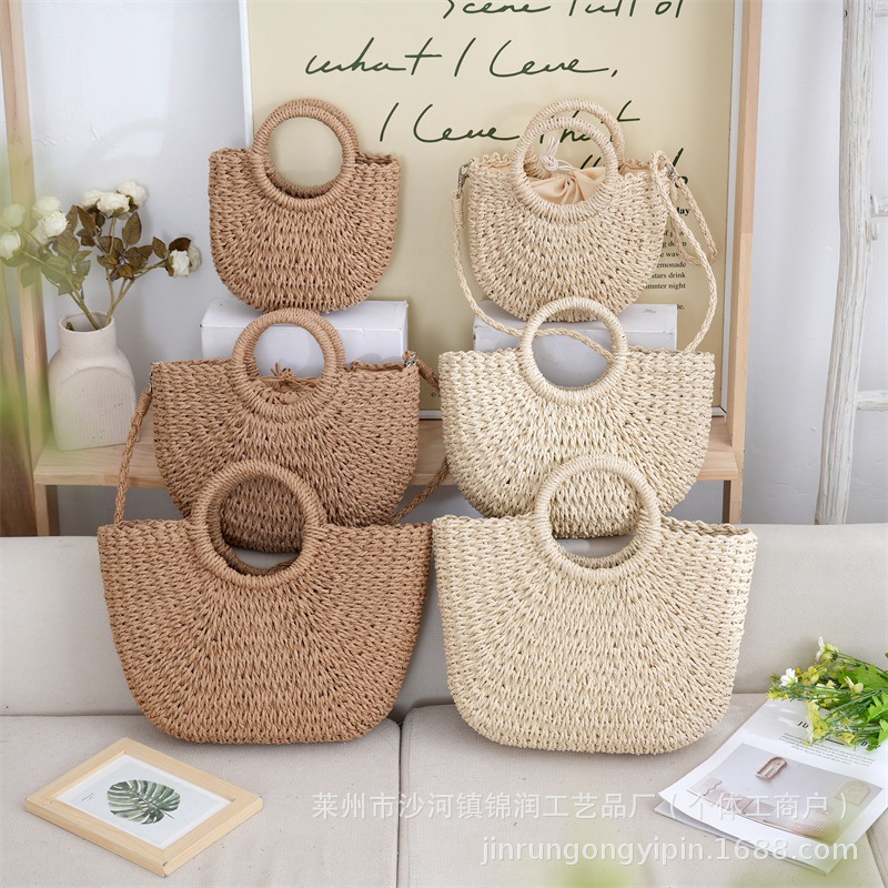 Small round bucket paper rope half-round bucket handbag, women's woven bag, beach bag, straw bag, vacation bag, straw woven bag, basket bag