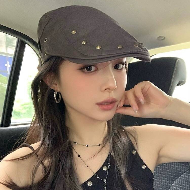 Rivet Forward Cap for Women, Spring/Autumn, Beret, Thin Sun Protection, Casual, Face Slimming