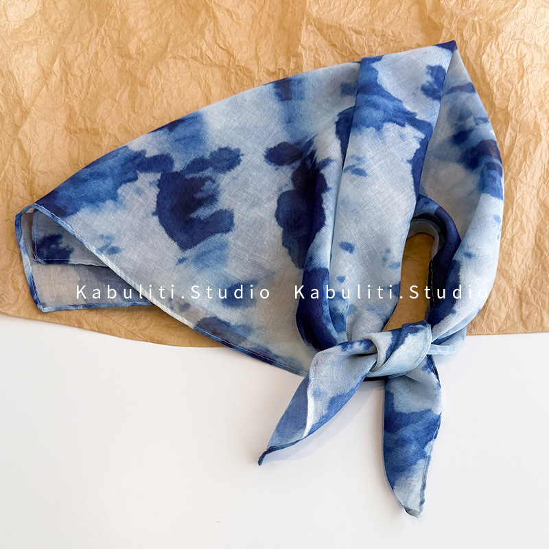Yunnan tie-dye blue small square scarf, silk scarf for women, triangle headwrap sun protection, hair band, neck protection, thin gauze scarf