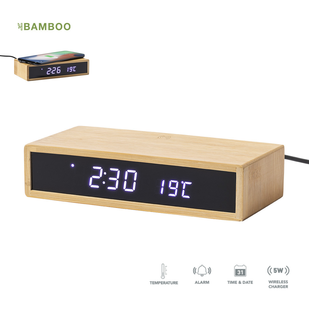 15W bamboo alarm clock wireless charging wooden digital display multifunctional desktop clock