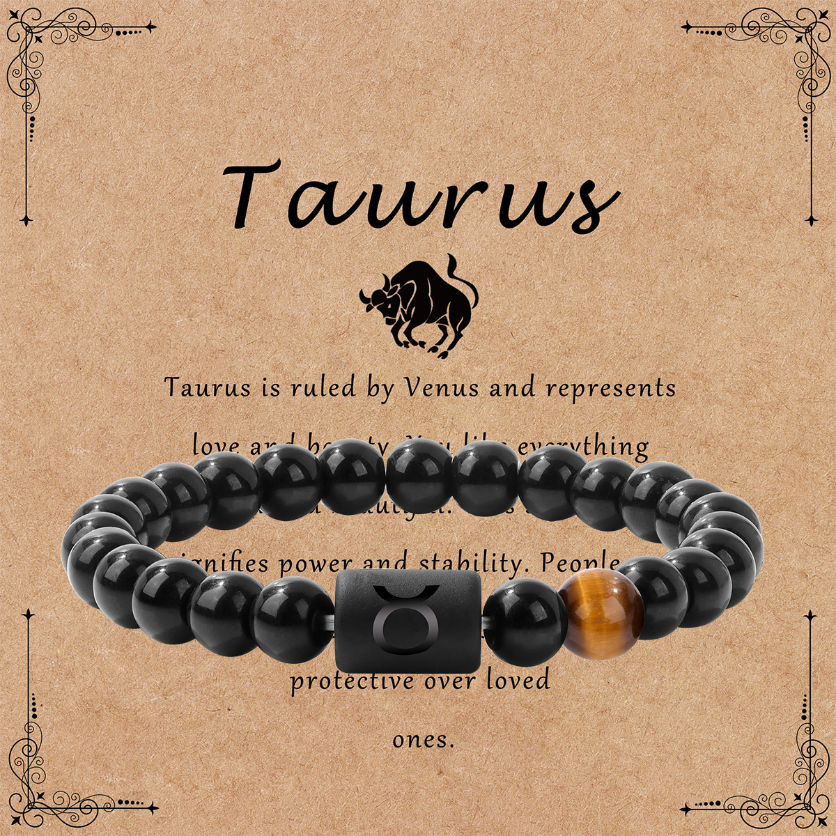 Twelve zodiac bracelet for men shiny black beads elastic rope unisex bracelet