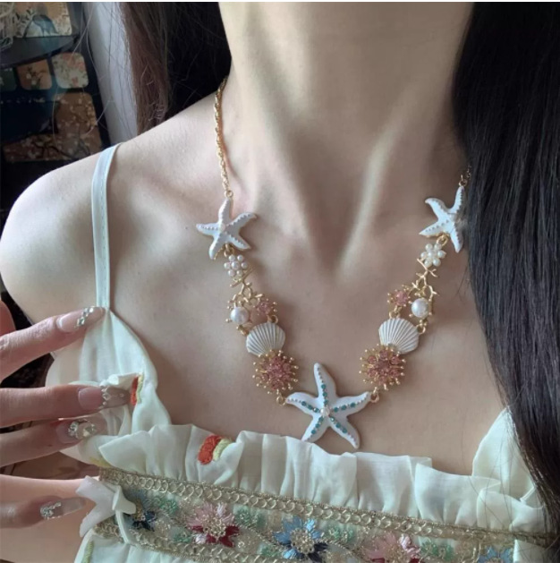 Seaside resort style natural shell bead adjustable necklace hand-woven rope sweet style collarbone chain