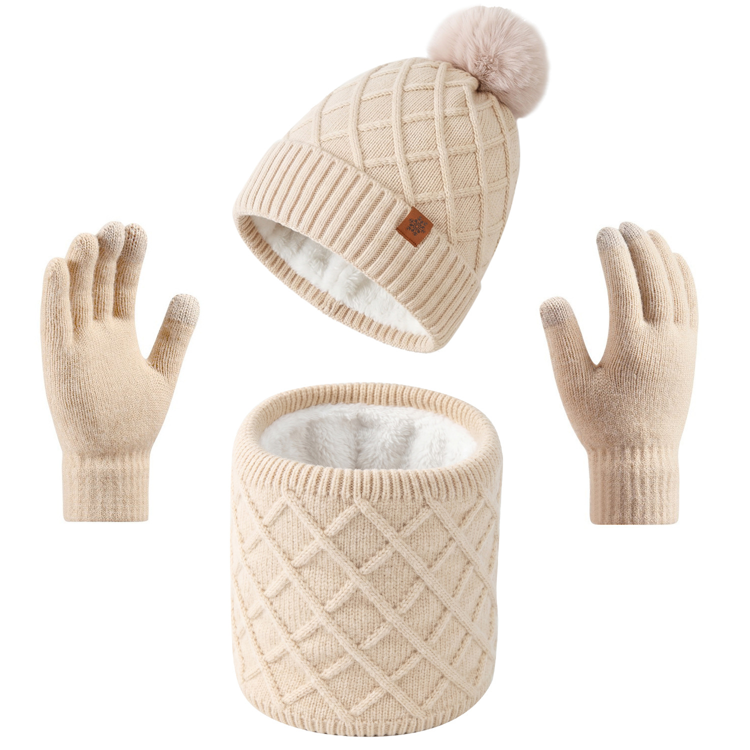 Knitted Hat Gloves Neck Gaiter Women Winter Warm Double-Layer Fleece-Lined Outdoor Cold-Proof Earflap Wool Hat Knit Hat