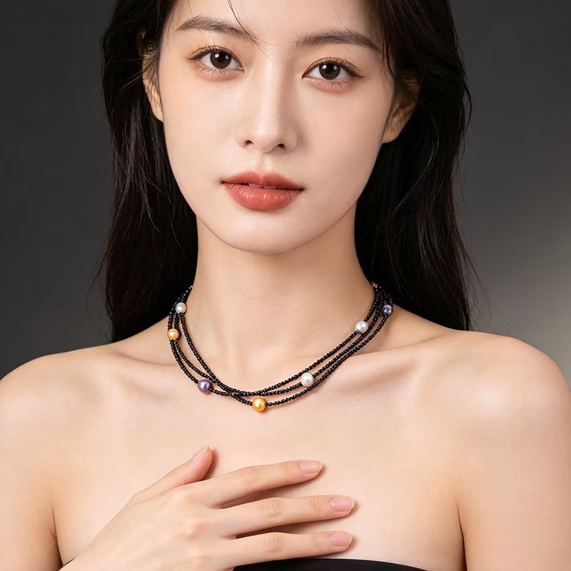 Black crystal necklace for women, design string pearl layered collarbone chain neck chain