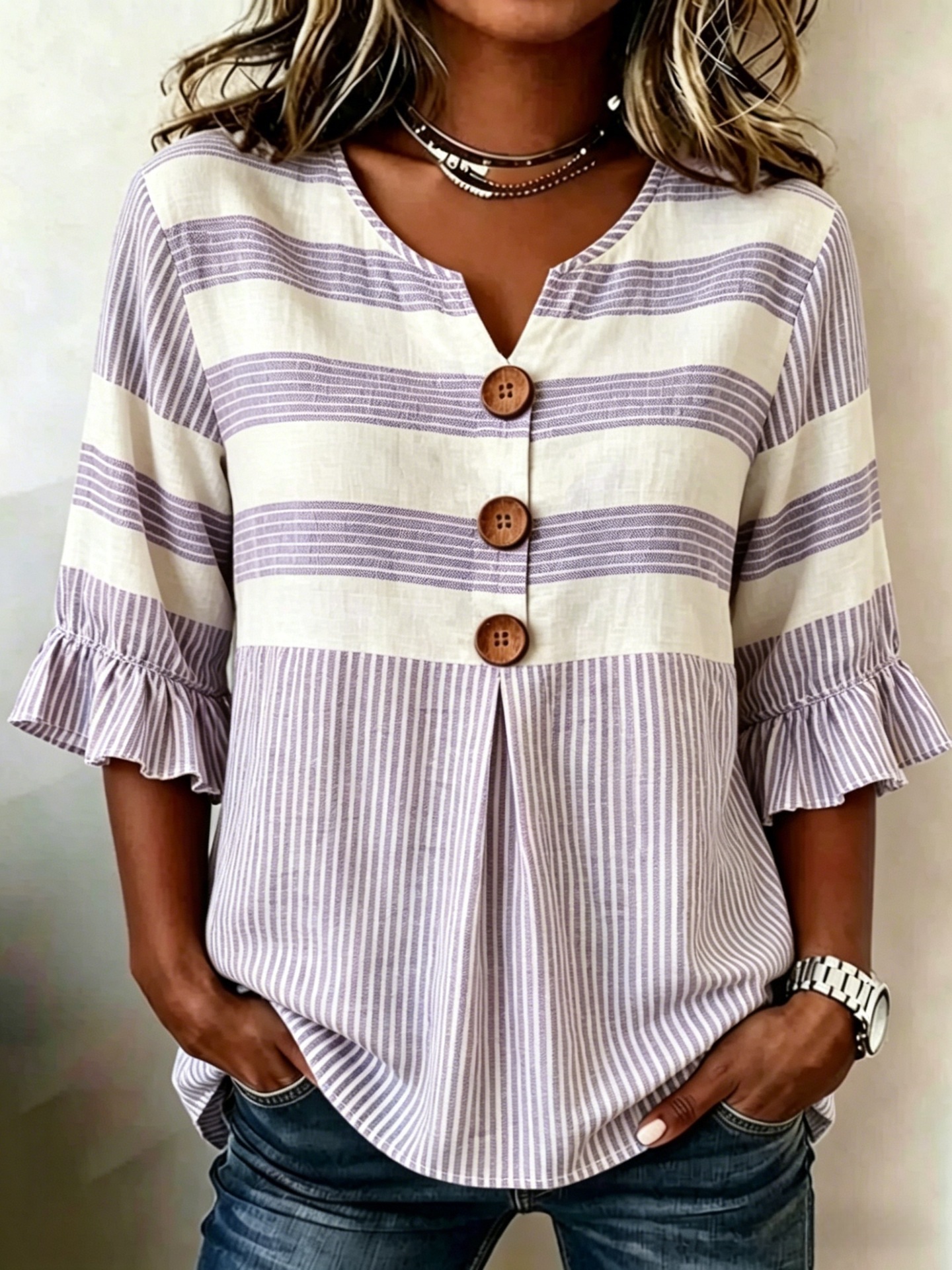 2026 Independent Station Summer New Plaid Striped Print Half Sleeve Button Top
