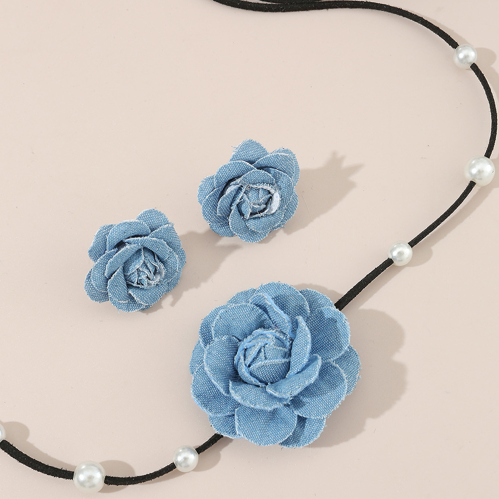 SZ0627 Denim Camellia Beaded Lace-up Necklace Earrings Set Women's Niche Choker Collarbone Chain