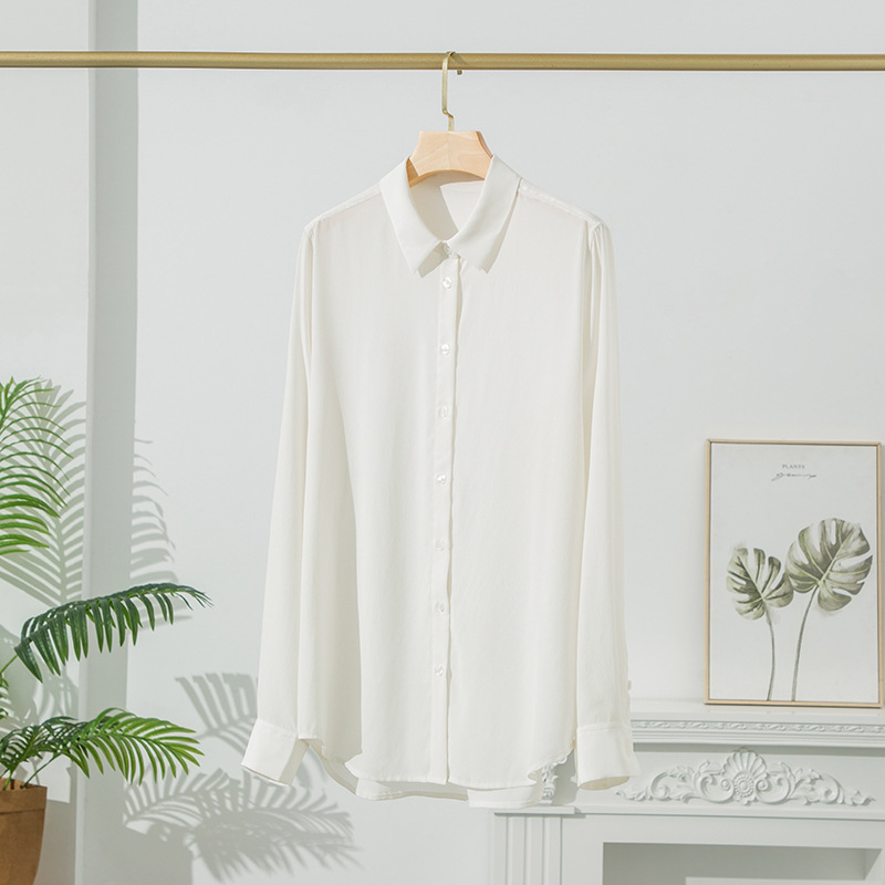 2026 Summer New Mulberry Silk Blouse for Women Long Sleeve Cardigan Shirt White Commute Square Collar Top