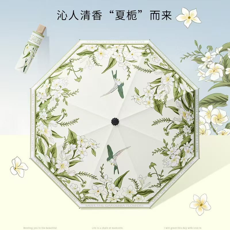 Three-Fold Rain Umbrella Eight-Rib Floral Manual Umbrella Black Glue Sunscreen Anti-Splash Portable Folding Sun and Rain Umbrella
