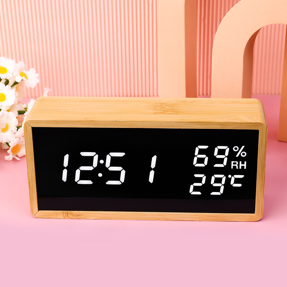 Bamboo wood LED bedroom electronic alarm clock, smart student children's desktop charging desktop clock with temperature and humidity meter wholesale