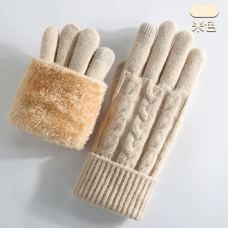 Knitted Gloves Women Winter Double-Layer Fleece-Lined Thick Warm Cold-Proof Outdoor Cycling Touchscreen Gloves