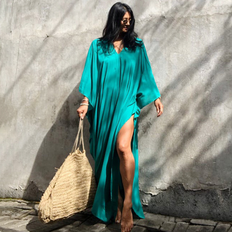 New Rayon Solid Color Cover Up Seaside Vacation Long Dress Loose Cover Up Bikini Swimsuit Long Dress Outer Women