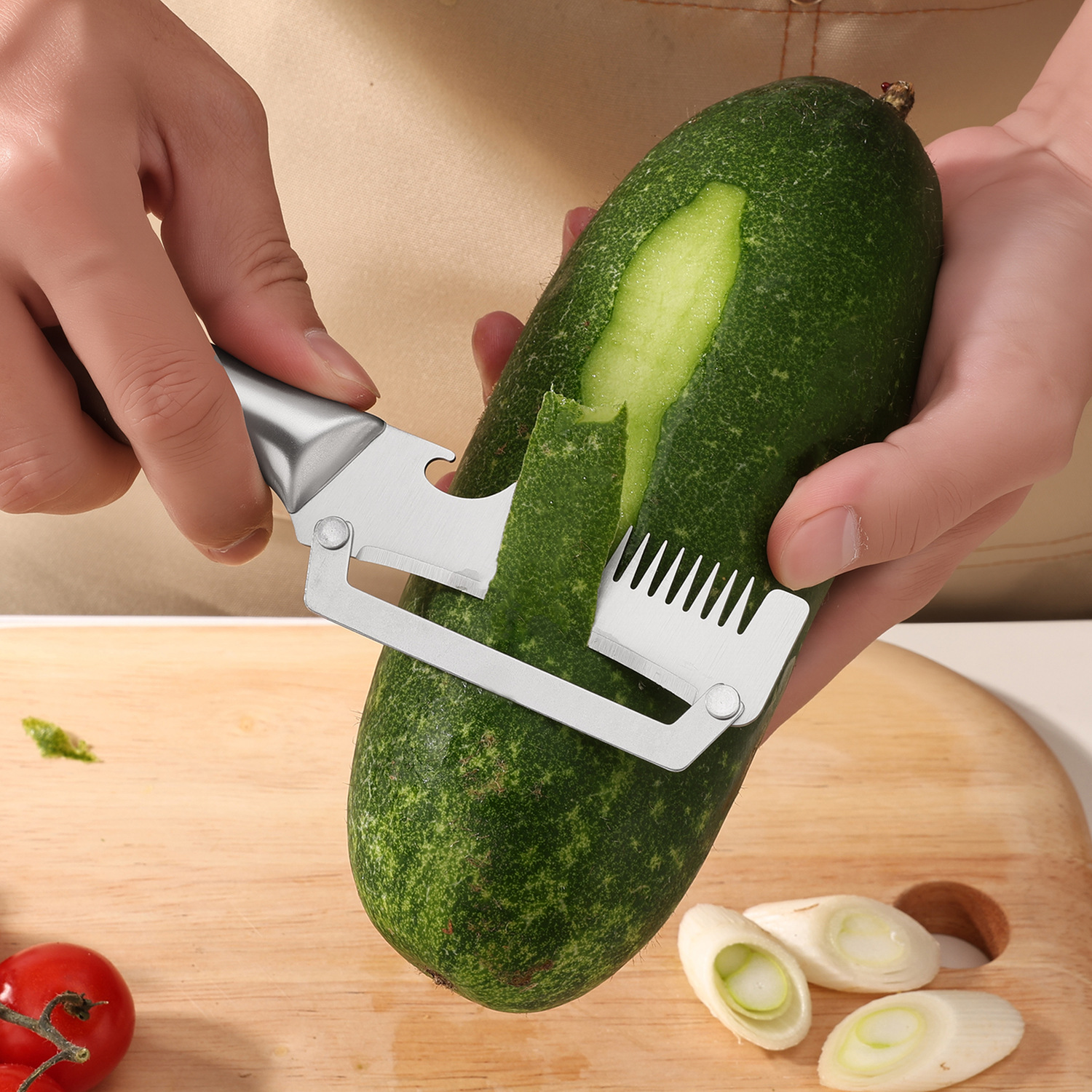 Multifunctional stainless steel scallion peeler, peeler, and bottle opener three-in-one kitchen household fruit peeler and scraper
