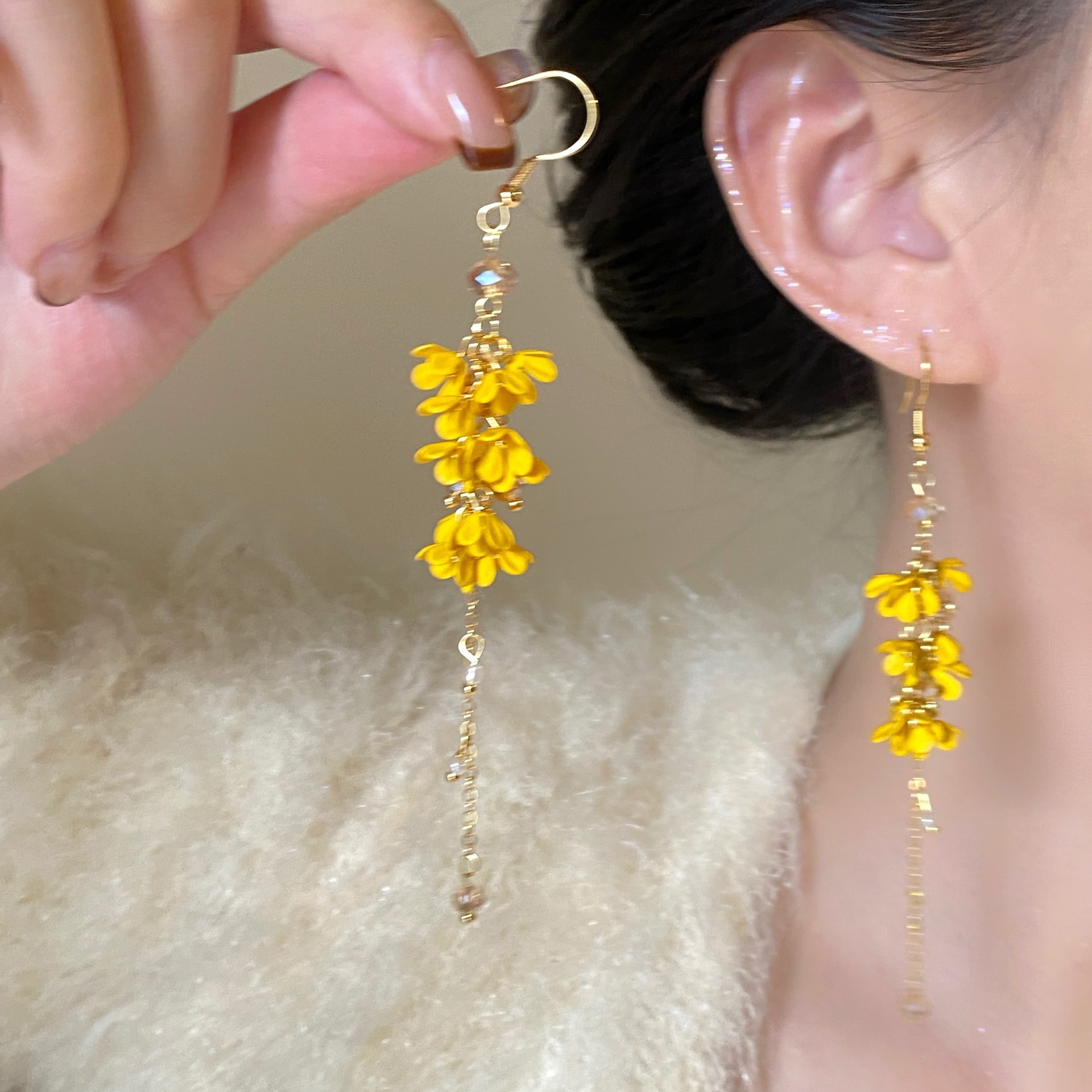 Golden autumn osmanthus long tassel flower forest sweet earrings ear hooks mosquito coil ear cuffs women