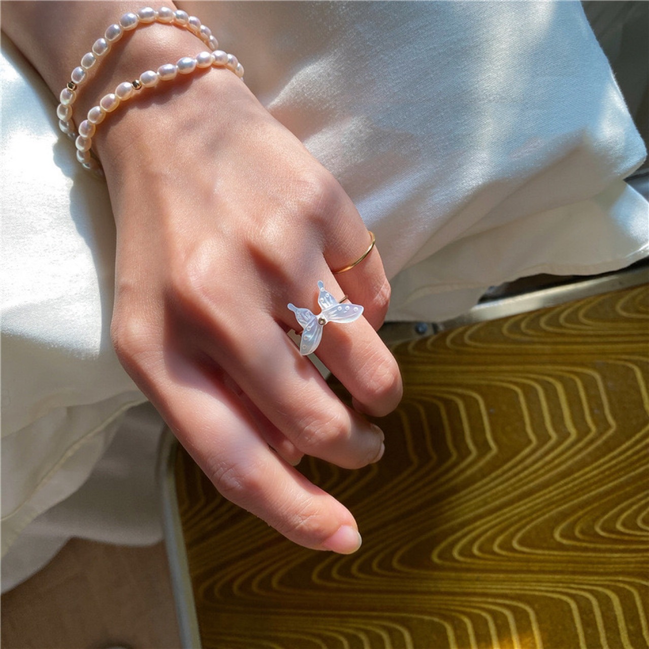 Hands-free washing quality natural pearl millet bracelet elastic minimalist 14K gold-filled bracelet