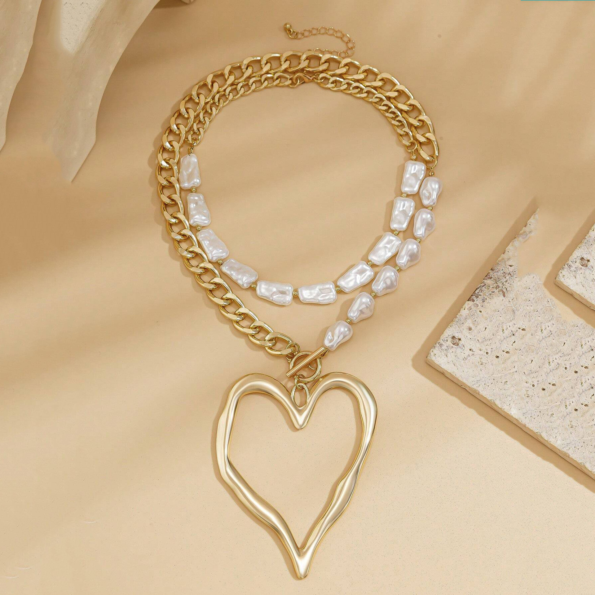 Accessories Imitation Pearl Bead Chain Double Necklace for Women Niche Big Heart Necklace