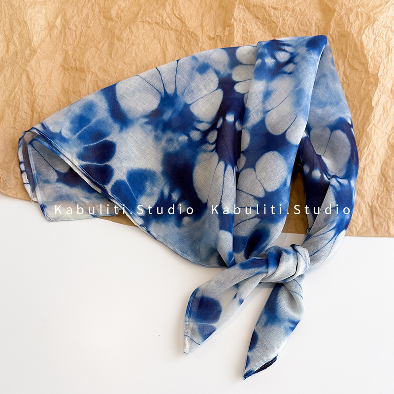 Yunnan tie-dye blue small square scarf, silk scarf for women, triangle headwrap sun protection, hair band, neck protection, thin gauze scarf