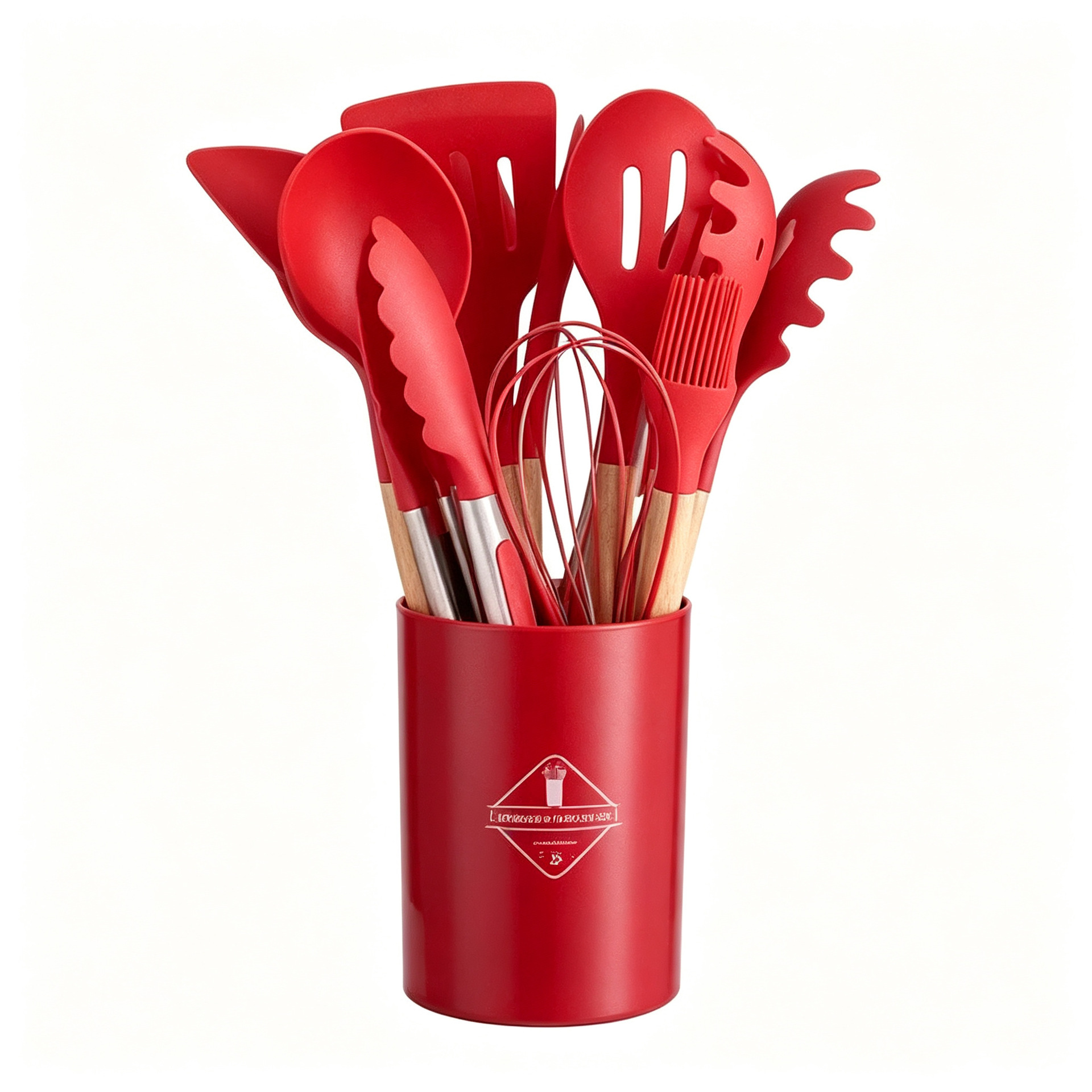 Wooden Handle Silicone Kitchen Utensils 12-Piece Set Non-Stick Pan Spatula Skimmer Ladle Cooking Tool Set