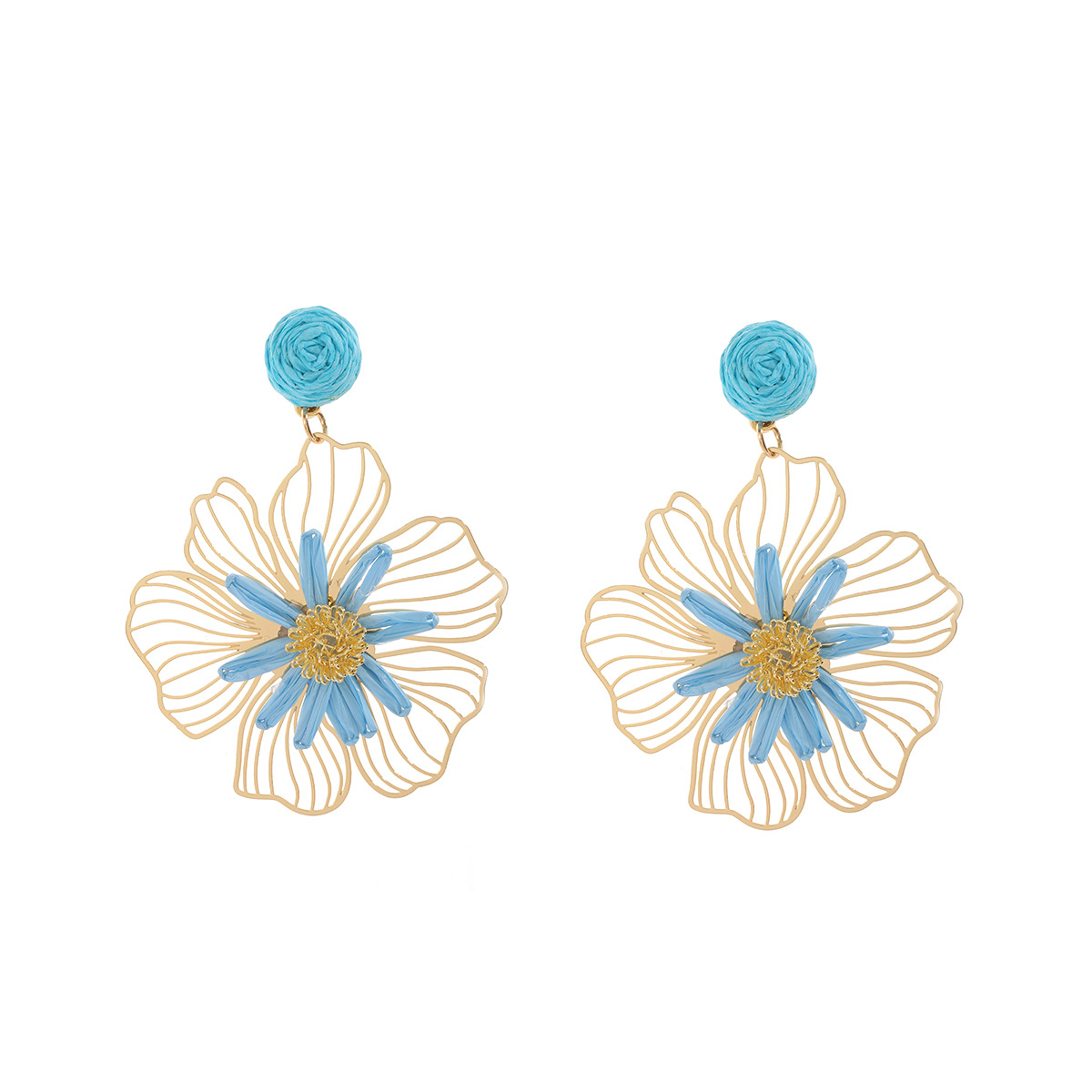 2026 spring summer raffia handmade woven hollow three-dimensional flower earrings for women beach vacation style