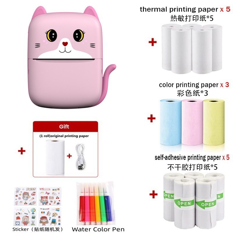 A8猫咪-粉红色-英文版【自带1卷热敏纸+5卷热敏纸+3卷彩色纸+5卷不干胶+6支水彩笔+贴纸】