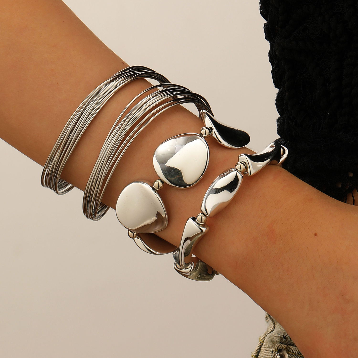Exaggerated Geometric 3-Piece Bracelet Set Metal Irregular Open Bangle