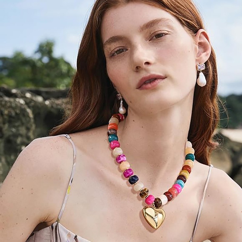 New Exaggerated Style Large Heart Glass Pendant Crystal Contrast Color Bead Bracelet Acrylic Bead Necklace