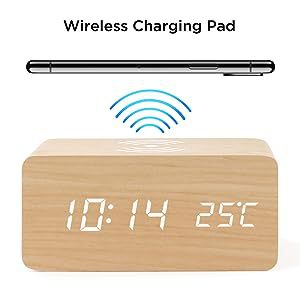 Wireless Charging Alarm Clock Multifunctional Smart LED Electronic Clock Simple Wooden Clock Silent Night Light Clock