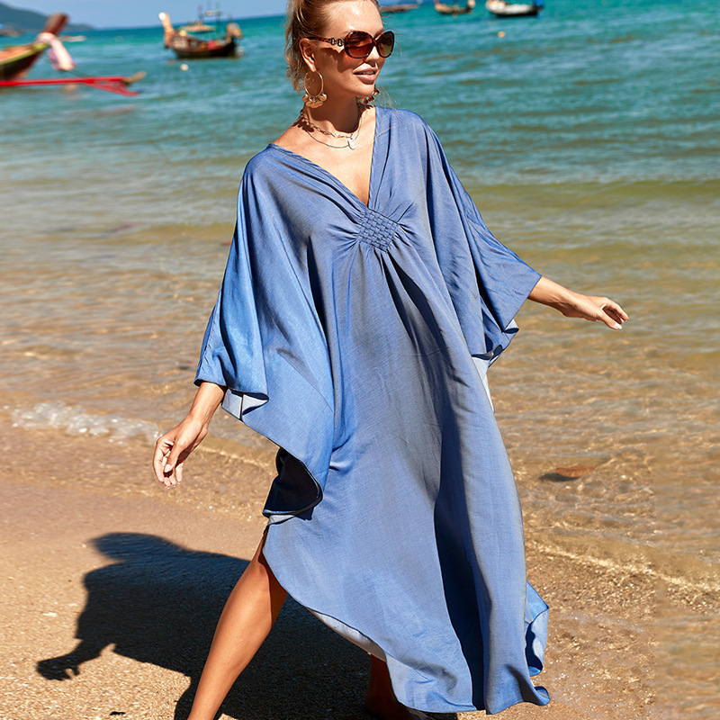 New Solid Color Middle Woven Robe Beach Long Dress Loose Bikini Cover Up Swimsuit Sun Protection Outer Women