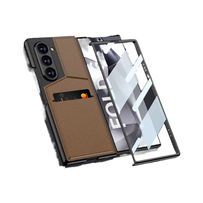 For Samsung Z Fold7/6 Phone Case Vegan Leather Card Holder Stand Rotating Wing Case Film Integrated Anti-Drop Protective Case