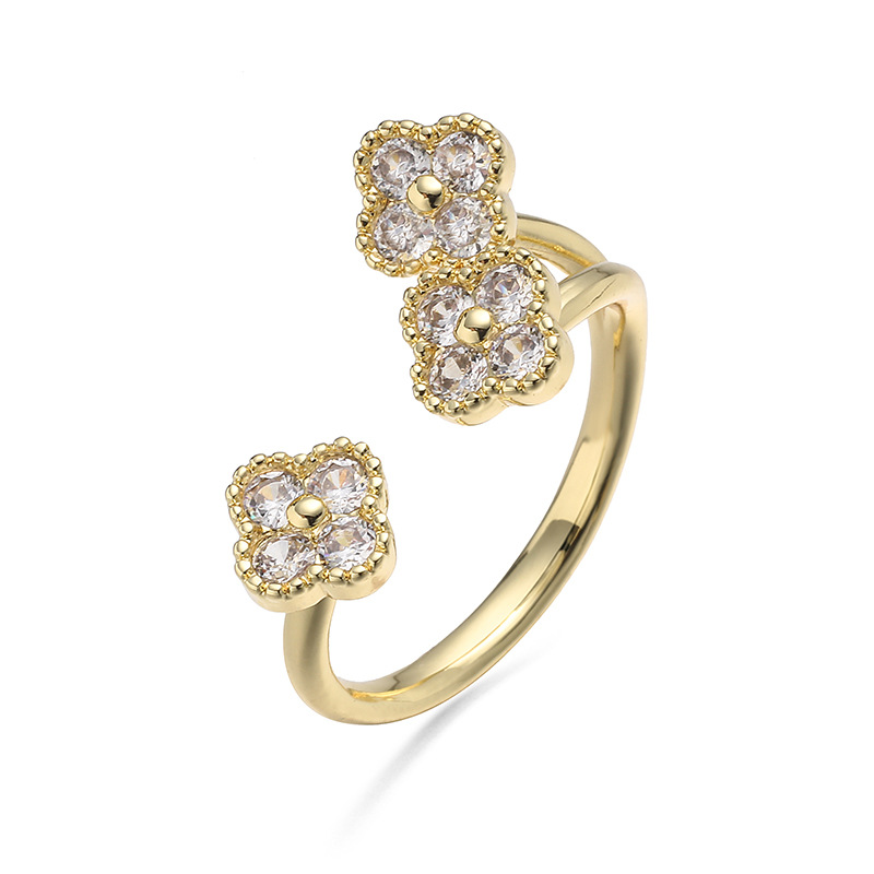 Copper Inlaid Colorful Diamond Lucky Four-Leaf Clover Ring, Exquisite Super Shiny Flower Petals Open Adjustable Ring