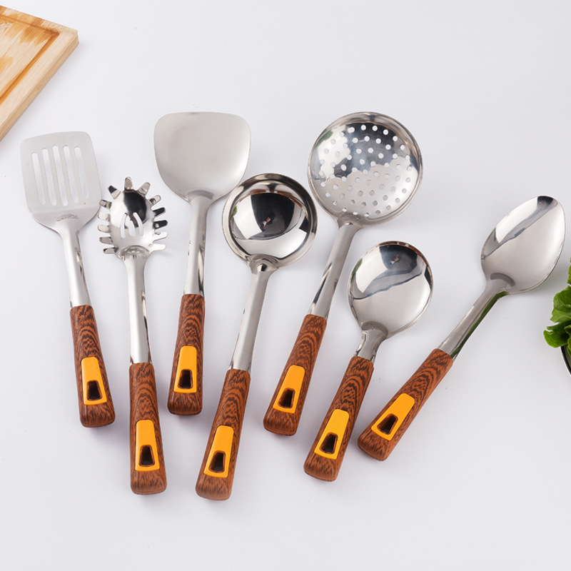 Stainless steel spatula, soup spoon, imitation wooden handle, household items, kitchenware set, kitchen tools, daily necessities