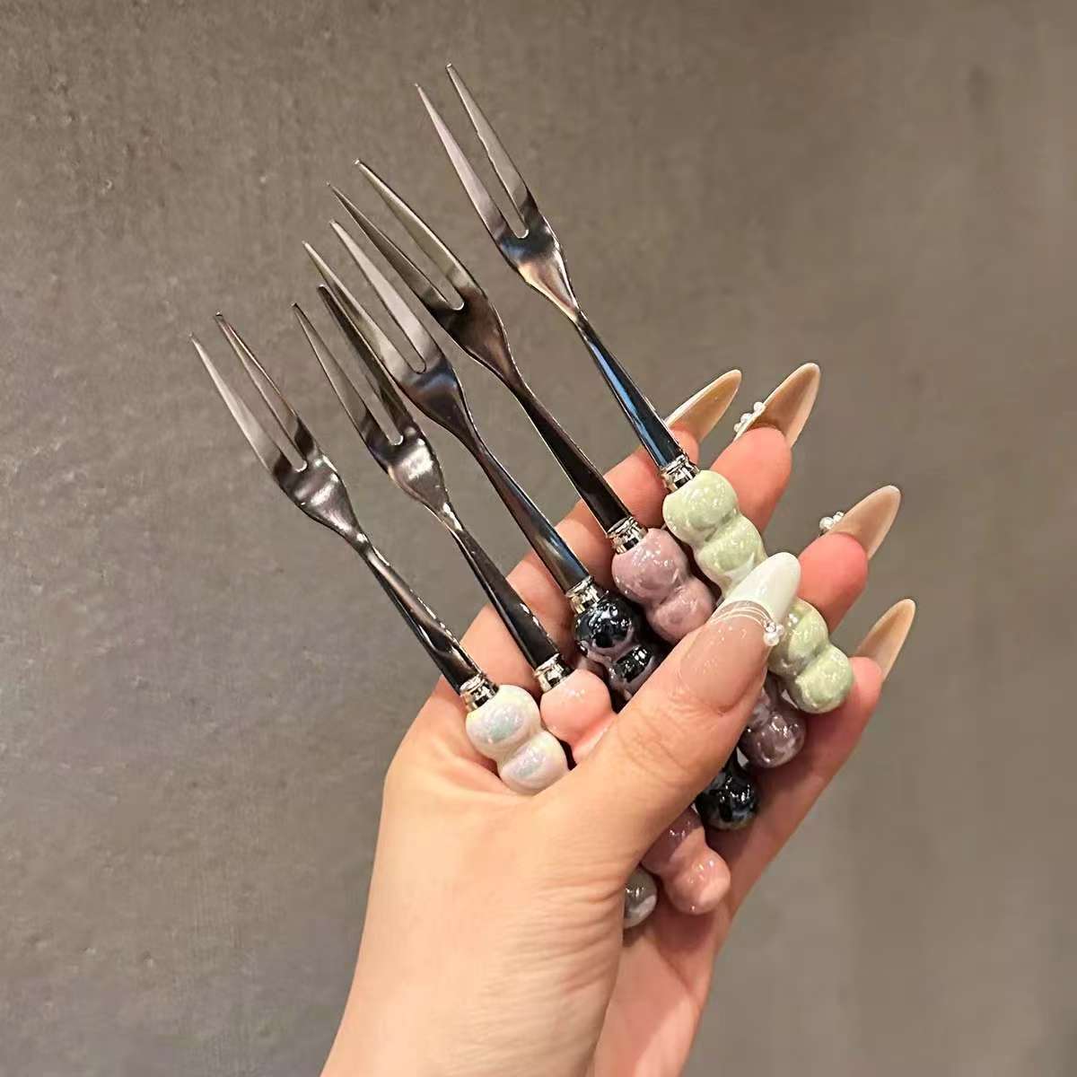 Stainless Steel Fruit Fork Dopamine Pearl Fruit Fork Household Dessert Fork Cake Fork Set
