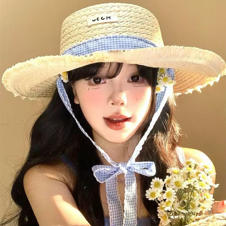 Flat Top Woven Straw Hat for Women, Sweet Beach Sun Protection Fisherman Hat, Wide Brim, Face Slimming Basin Hat
