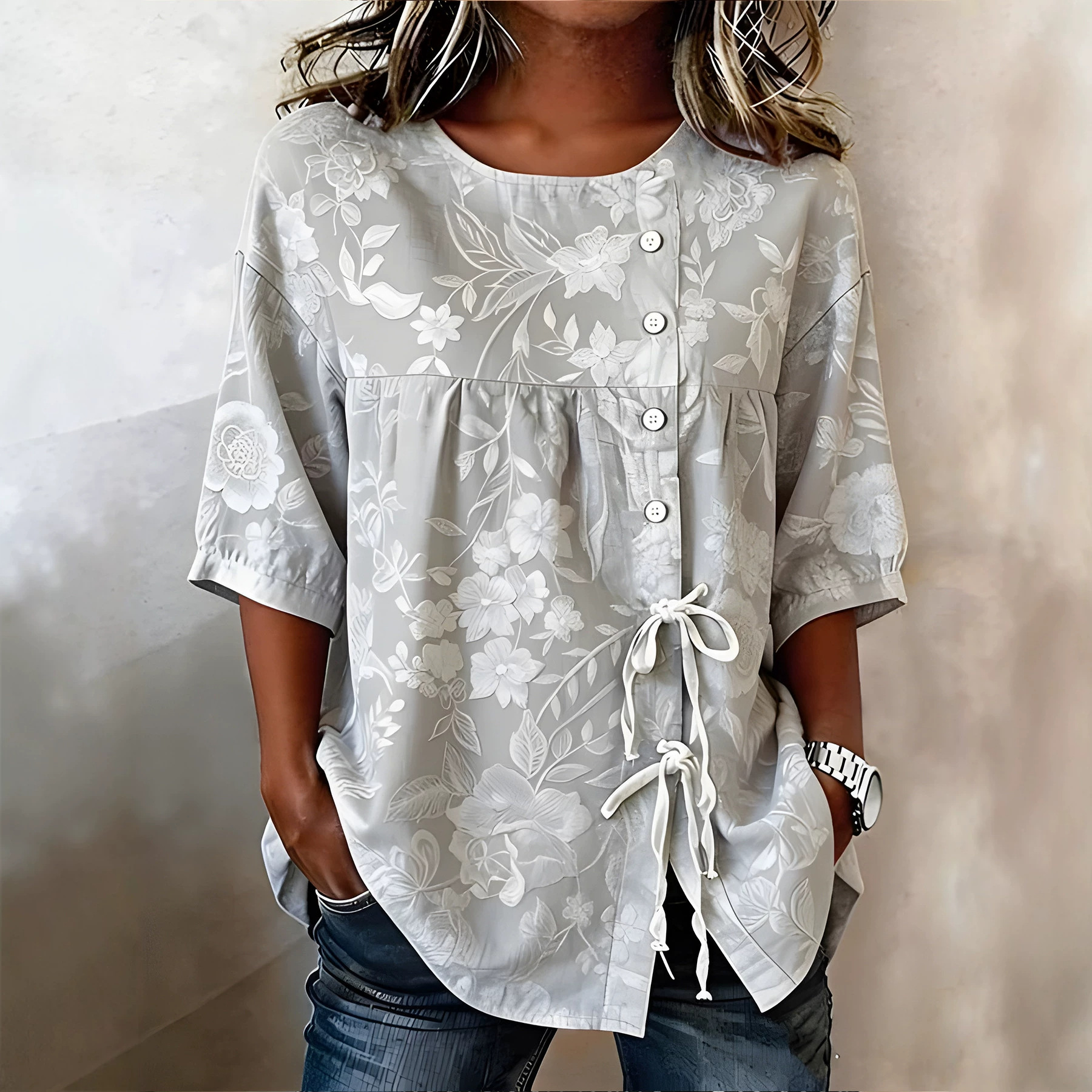 2026 New Style Printed Dandelion Loose Short Sleeve Blouse Women Tie Casual Top