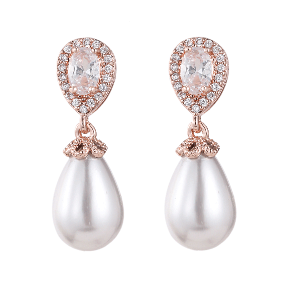 New teardrop pearl women's accessories zirconia inlaid earrings, bridal dress matching jewelry gift