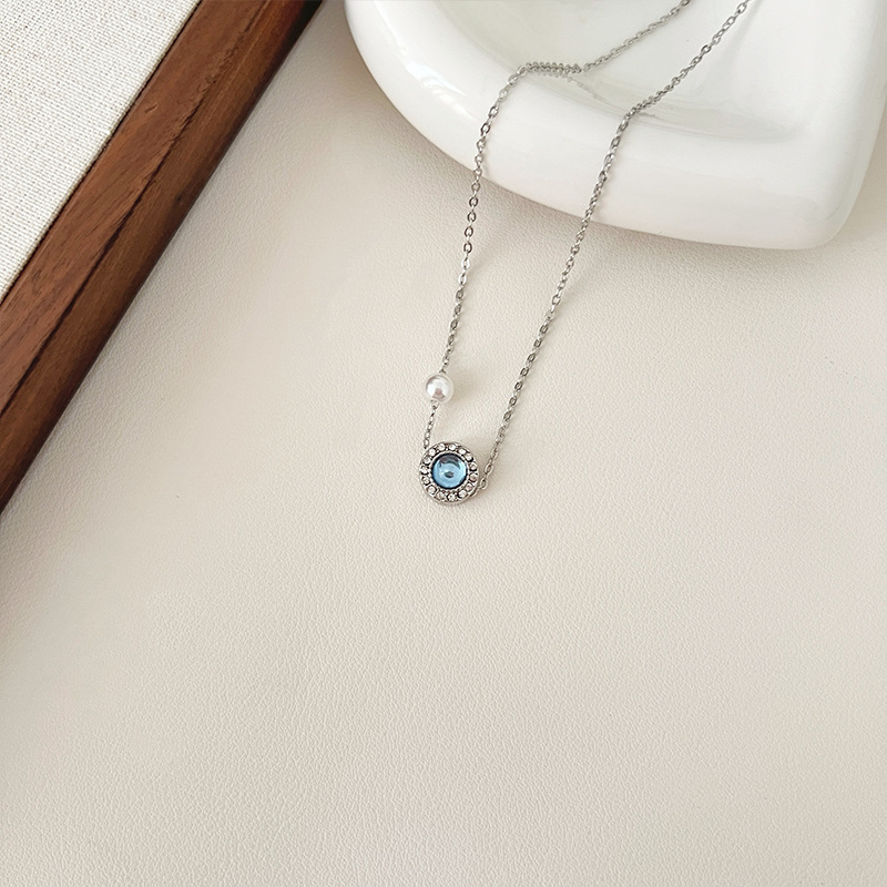 Aquamarine and Swarovski pearl necklace for women, niche collarbone chain, pearl silver needle earring and necklace set combination