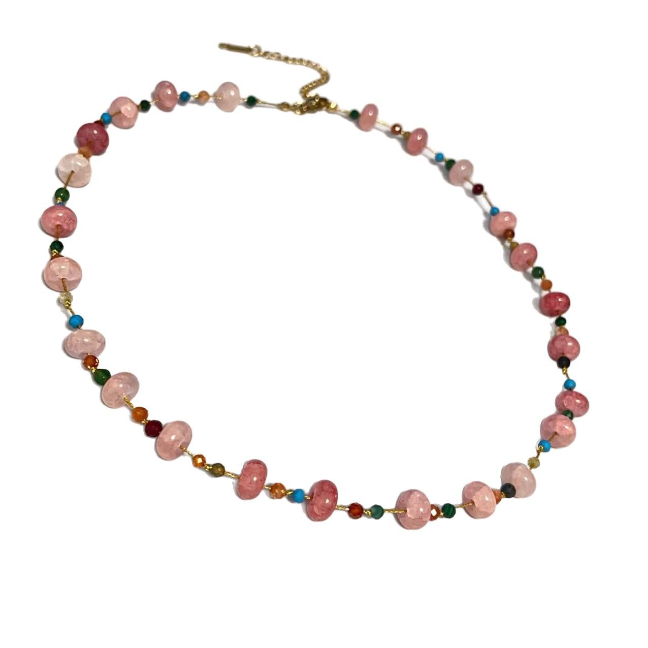 Fresh Natural Stone Rose Quartz Necklace Large and Small Beads Peace Button Crystal Necklace Delicate Collarbone Chain