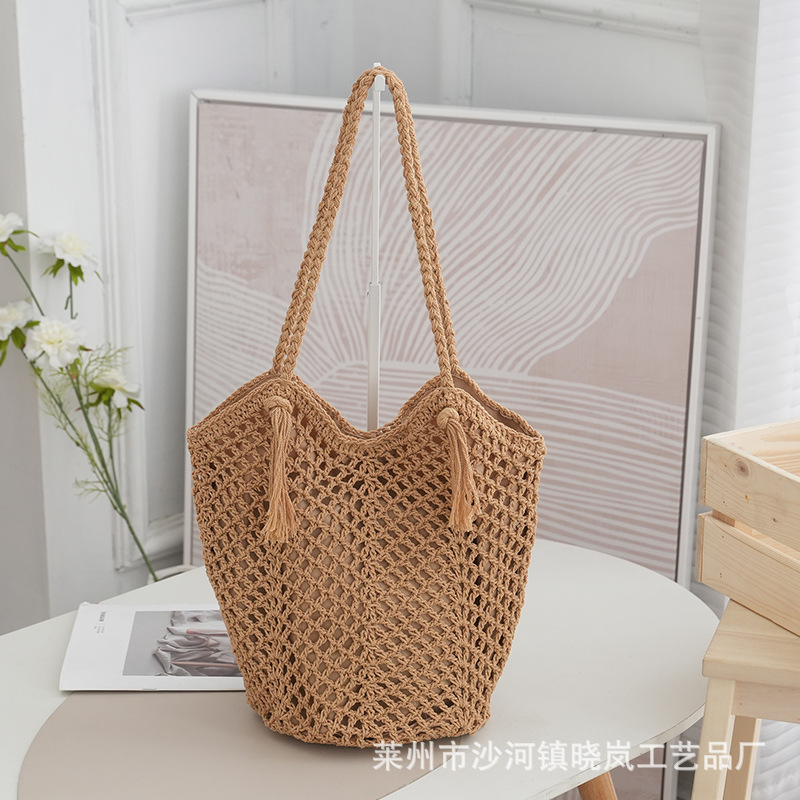 Cotton woven bag hook woven tote bag tassel shoulder bag knitted bag beach bag women's commuting tassel bag
