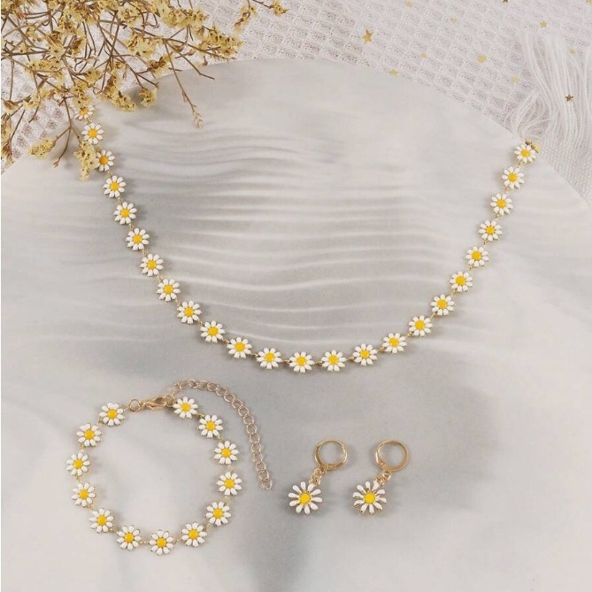 Jewelry Daisy Small Flower Necklace Earrings Bracelet Set Simple Collar Chain