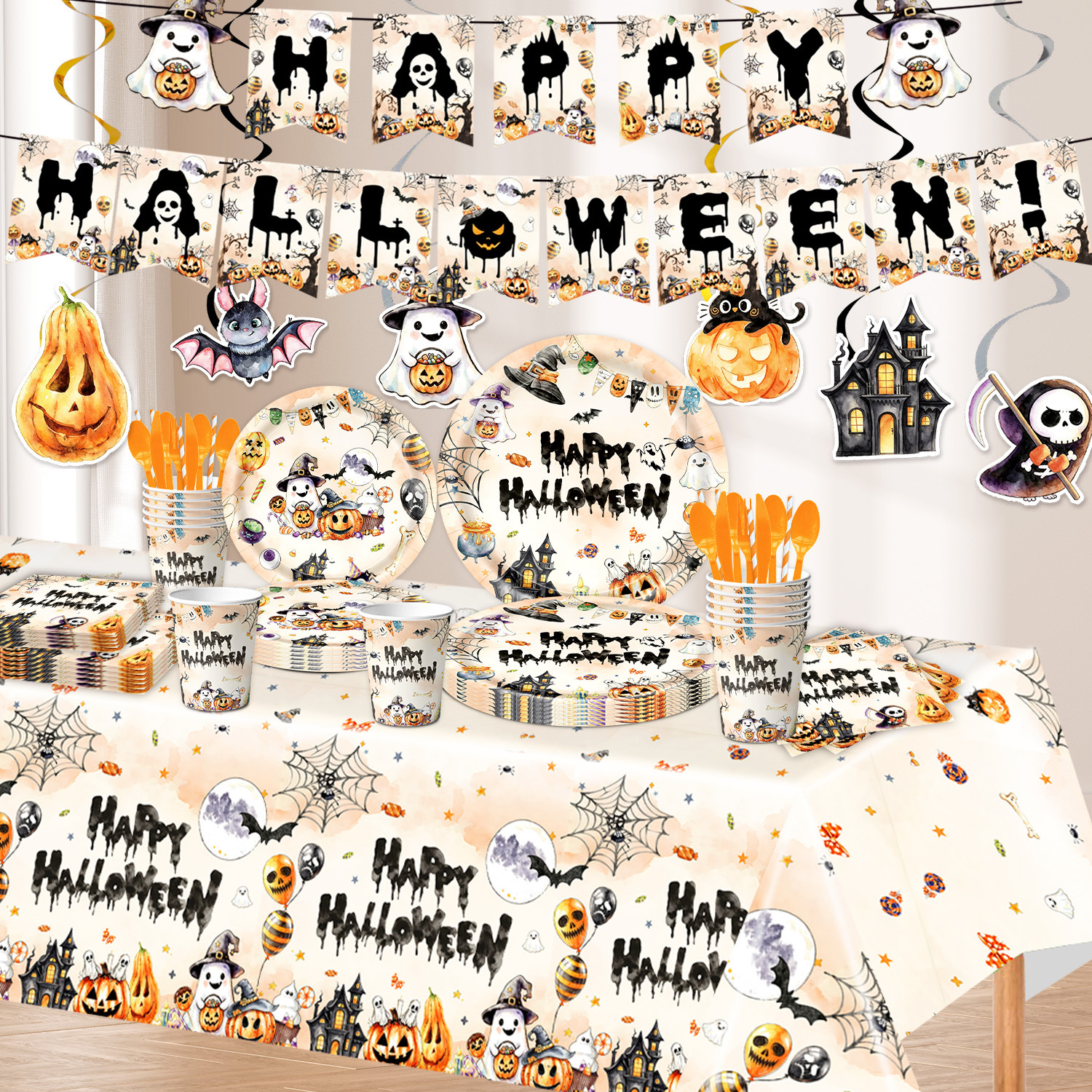 New Pumpkin Ghost Halloween Party Tableware Paper Plate Napkin Tablecloth Bunting Flag Cake Decoration