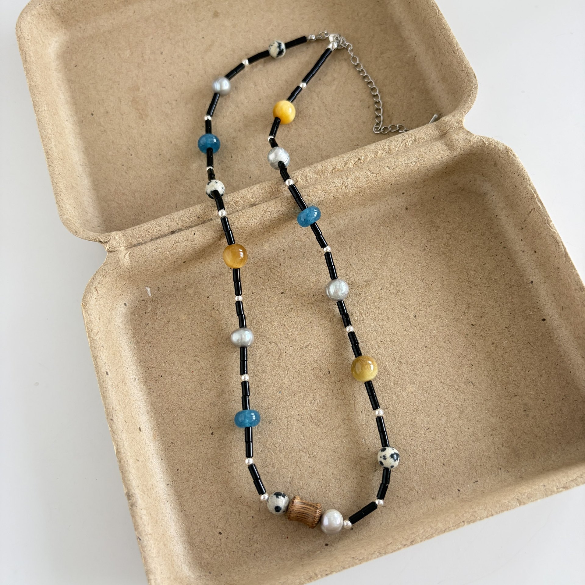 Natural Agate Pearl Speckled Stone Silver Blue Gray Asteroid Simple Beaded Necklace for Women