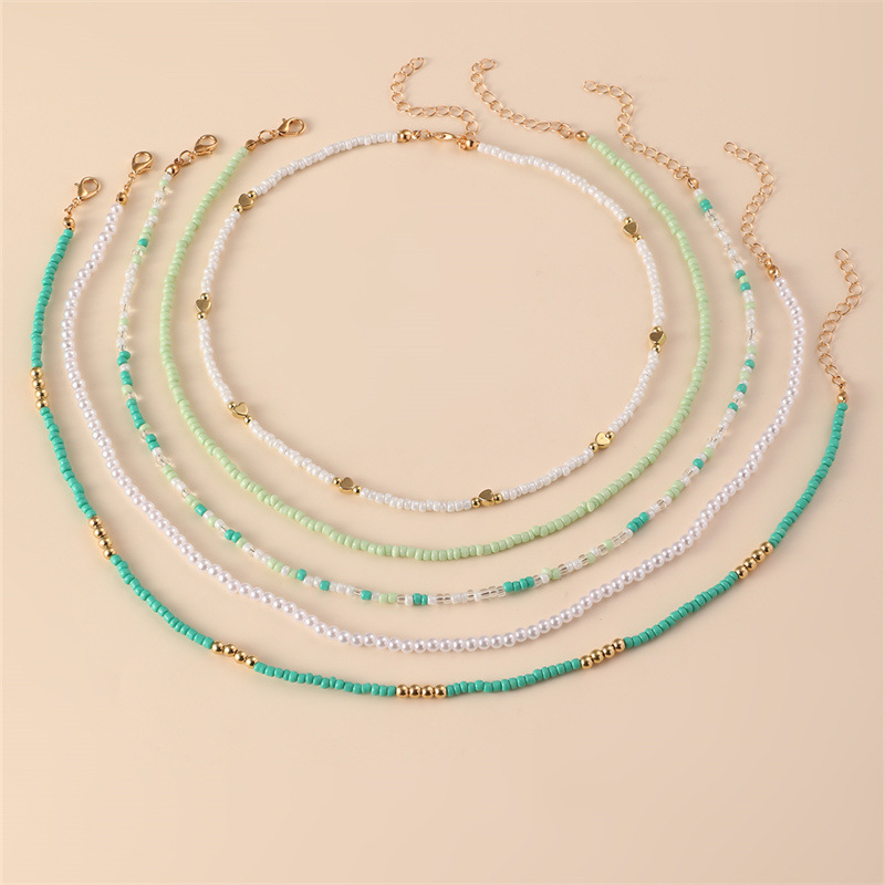 5-piece Set Random Seed Bead Heart Necklace Set Beach Season Seaside Party Women's Neck Accessory