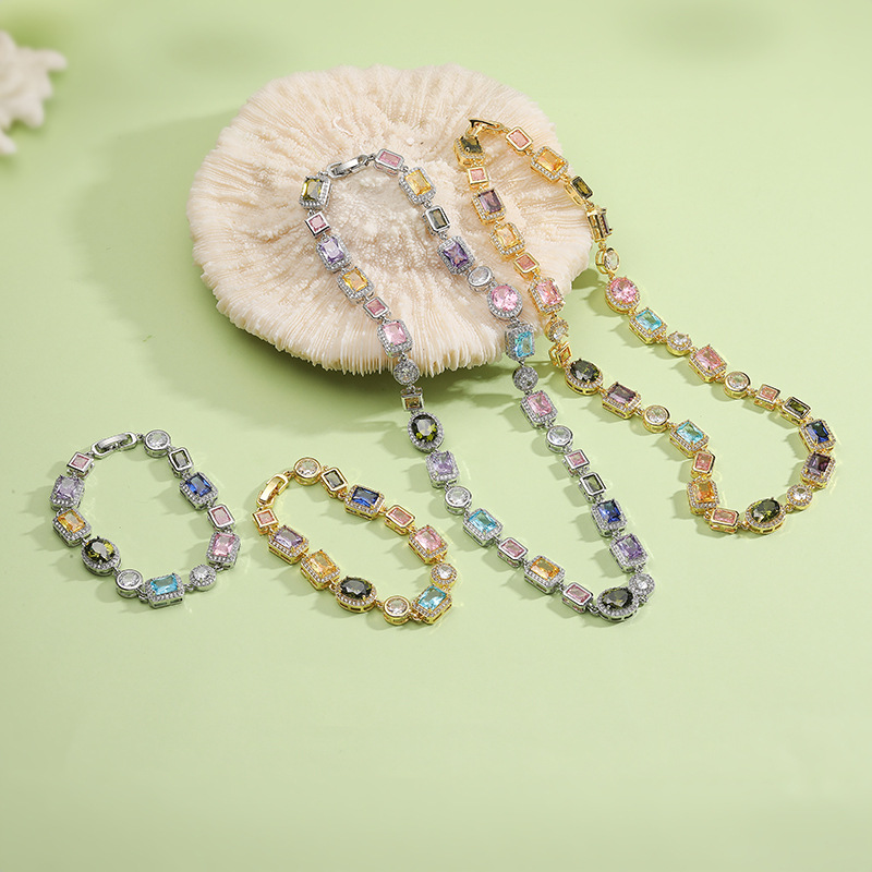 Geometric Inlaid Colorful Diamond Choker Necklace, Bracelet, and Necklace Set in Palace Style