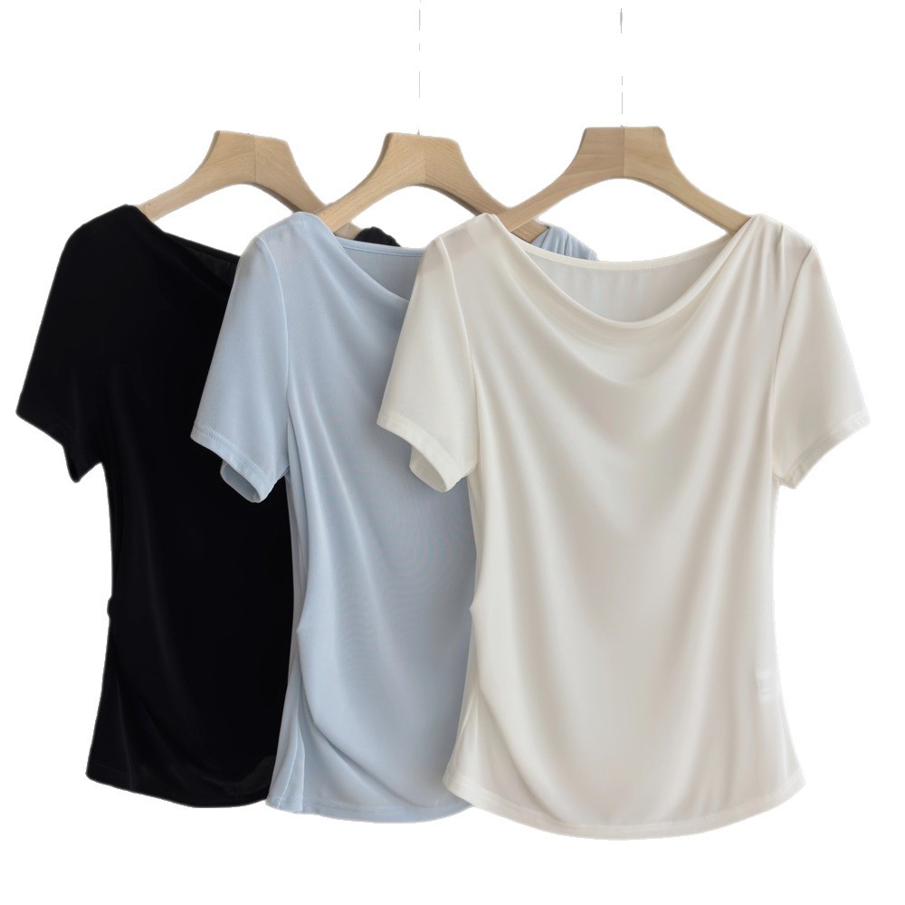 Draped collar acetate short-sleeve white T-shirt women's summer pleated waist top