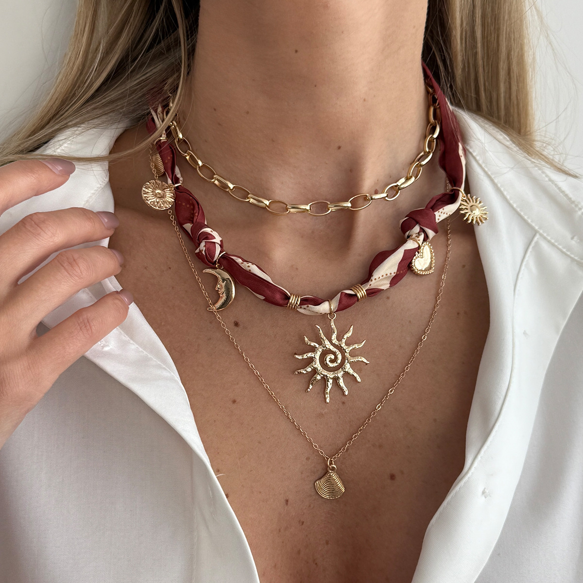Jewelry ocean style starfish conch pendant necklace sweet cool style printed silk scarf锁骨链
